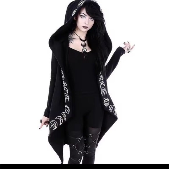 Black Hooded Cardigan with White Symbols - Picture 2 of 6